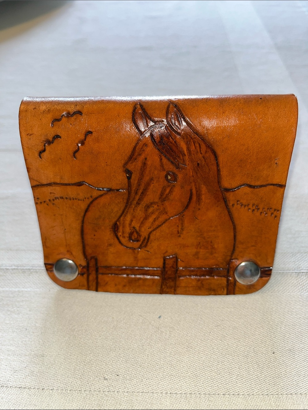 Vintage Hand-Tooled Leather Cardholder-Wallet Western Theme Profile Of A Horse